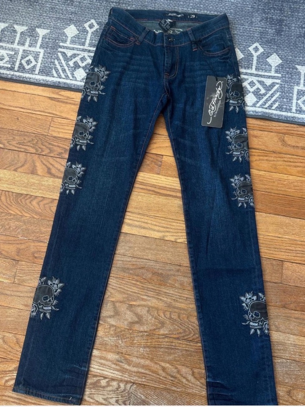 Ed Hardy Women's Dark Blue Skull Embroidered Skinny Jeans
